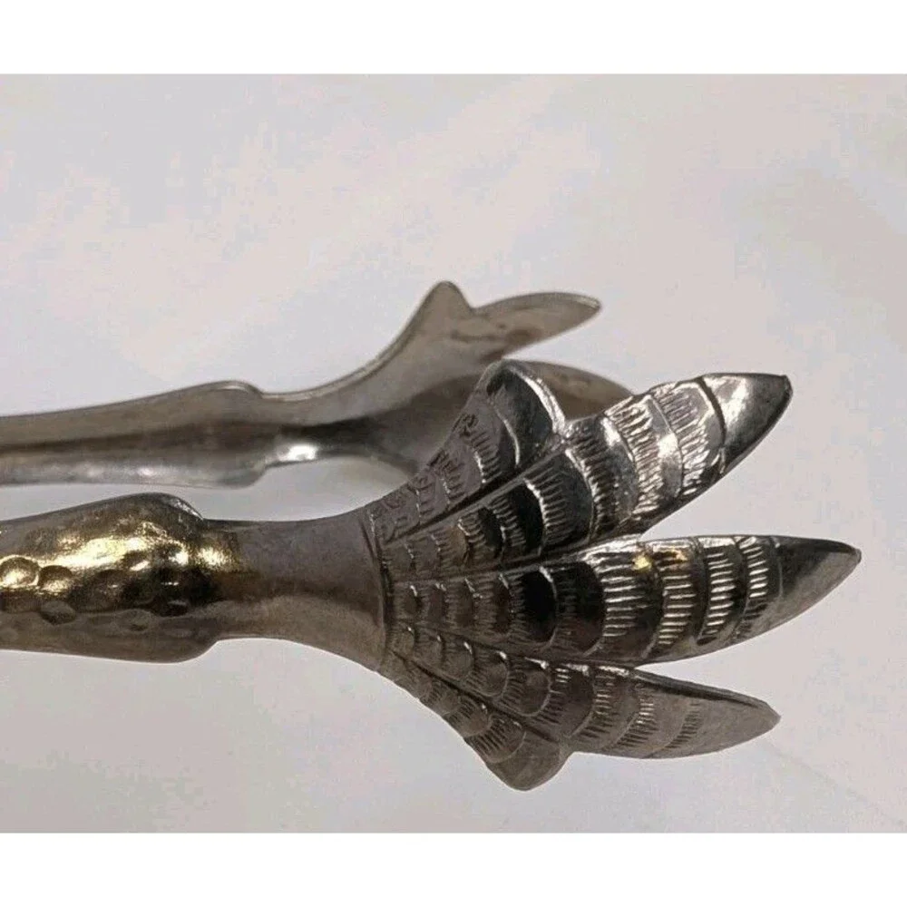 Vintage Sugar Tongs Bird Claw Grapes Design Silver Tone Hammered 6.5”